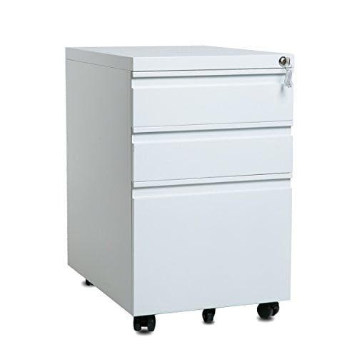 Steel Construction 3-Drawer Mobile Metal File Cabinet with Lock and Keys,Fully Assembled Except Casters,White